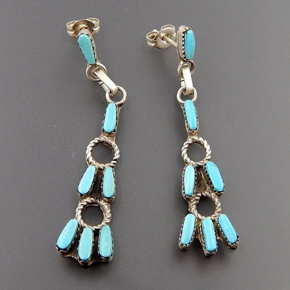 SOLD Boho String Blue & Silver Tone Beaded Stud Earrings - Picture 2 of 7